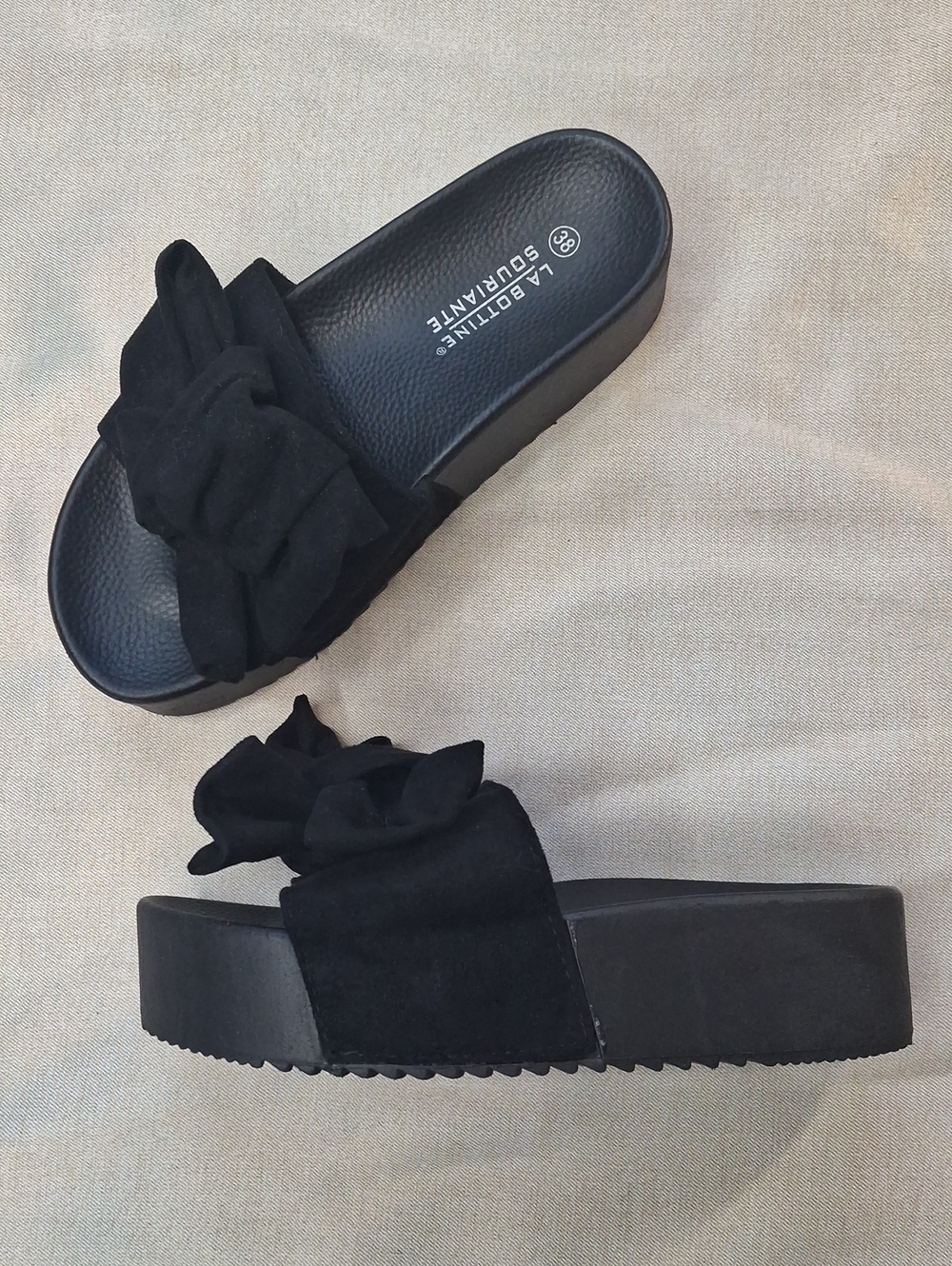 La Bottine Souriante Black Bow Platform Slides EU 38 US 7.5-8
